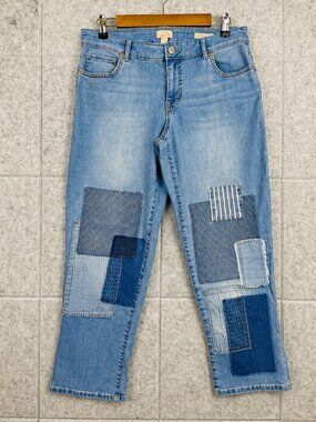 LOGO by Lori Goldstein Boyfriend Jeans 10P Petite Blue Patchwork Denim